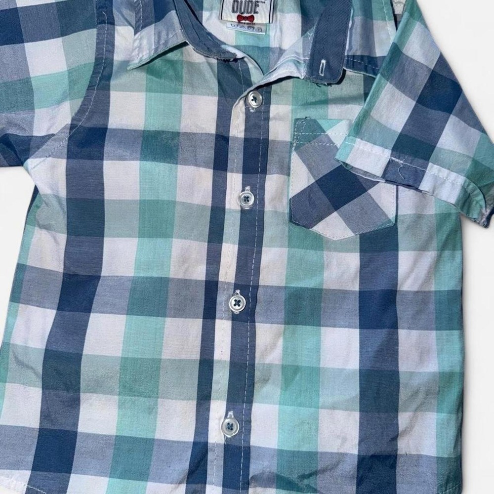 Dapper Dude Boys Blue Green White Plaid Short Sleeve Button Down Shirt 12M